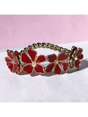 Red Enamel Flower Bracelet Gold Tone Rhinestone Floral Link Bracelet 7.25"